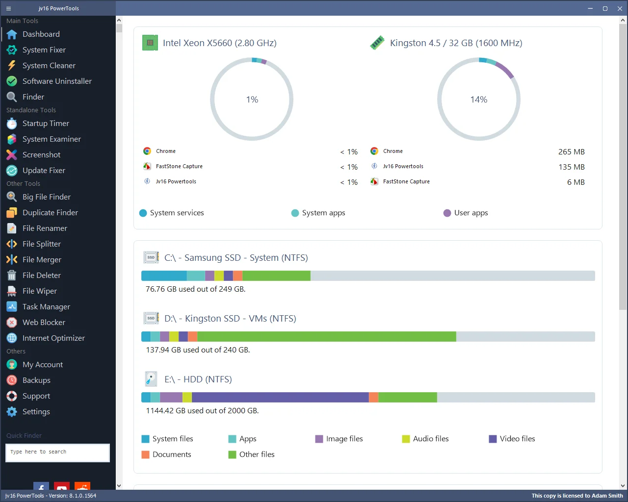 jv16 PowerTools Dashboard screenshot